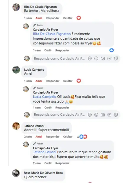 Comentários no Facebook de clientes elogiando as receitas da air fryer
