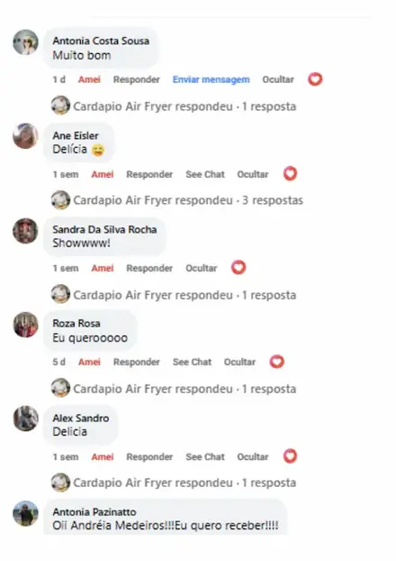 Comentário no Facebook de cliente recomendando as receitas