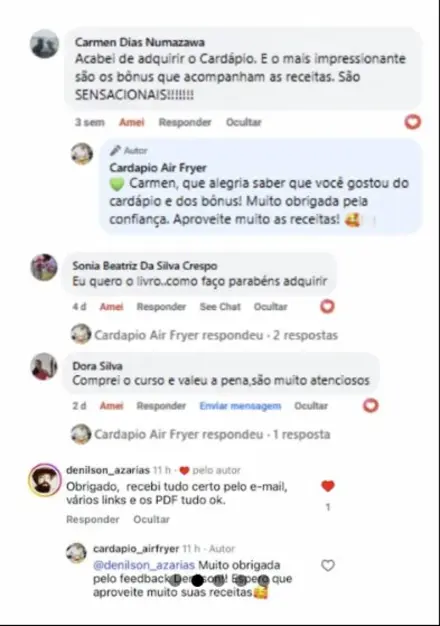 Comentários de clientes no Facebook sobre o guia de receitas