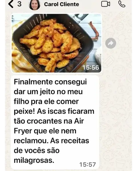 Mensagem de WhatsApp de cliente satisfeita com as receitas da air fryer